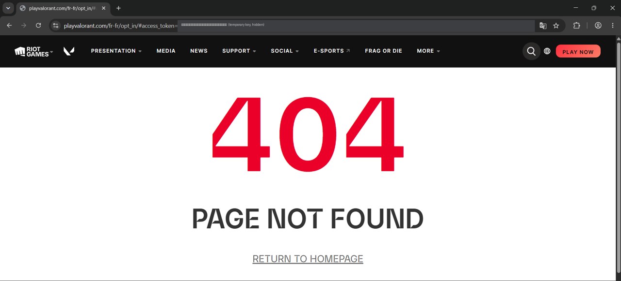 playvalorant.com page after sign-in, with the access key hidden in the address bar